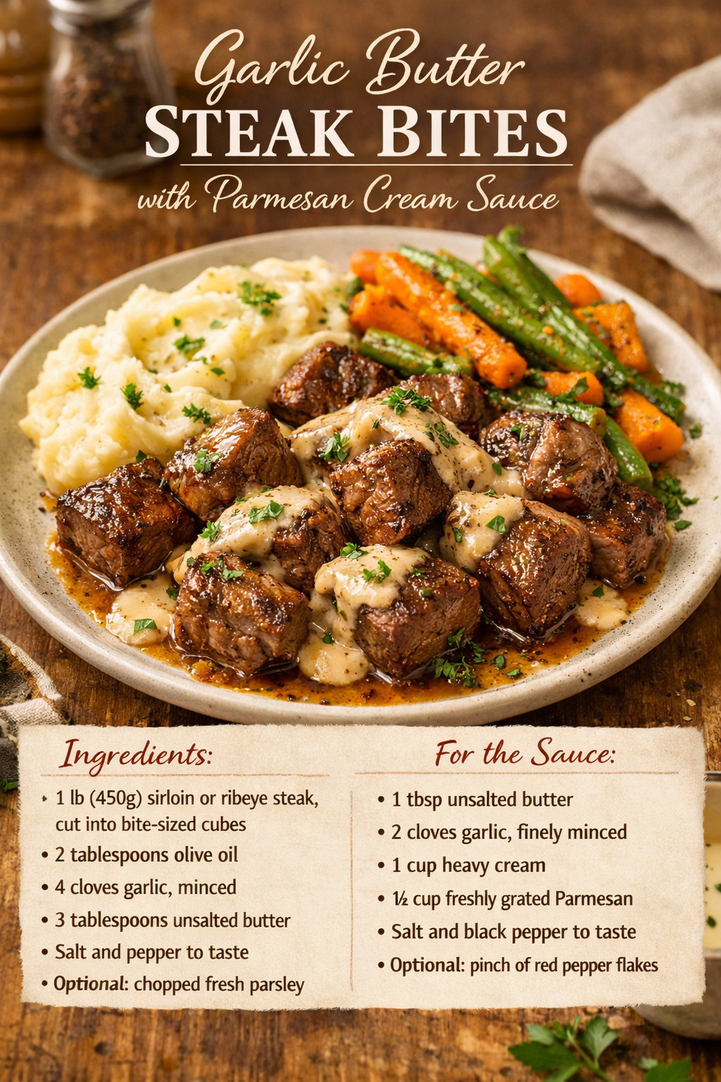 Garlic Butter Steak Bites with a Rich Parmesan Cream Sauce