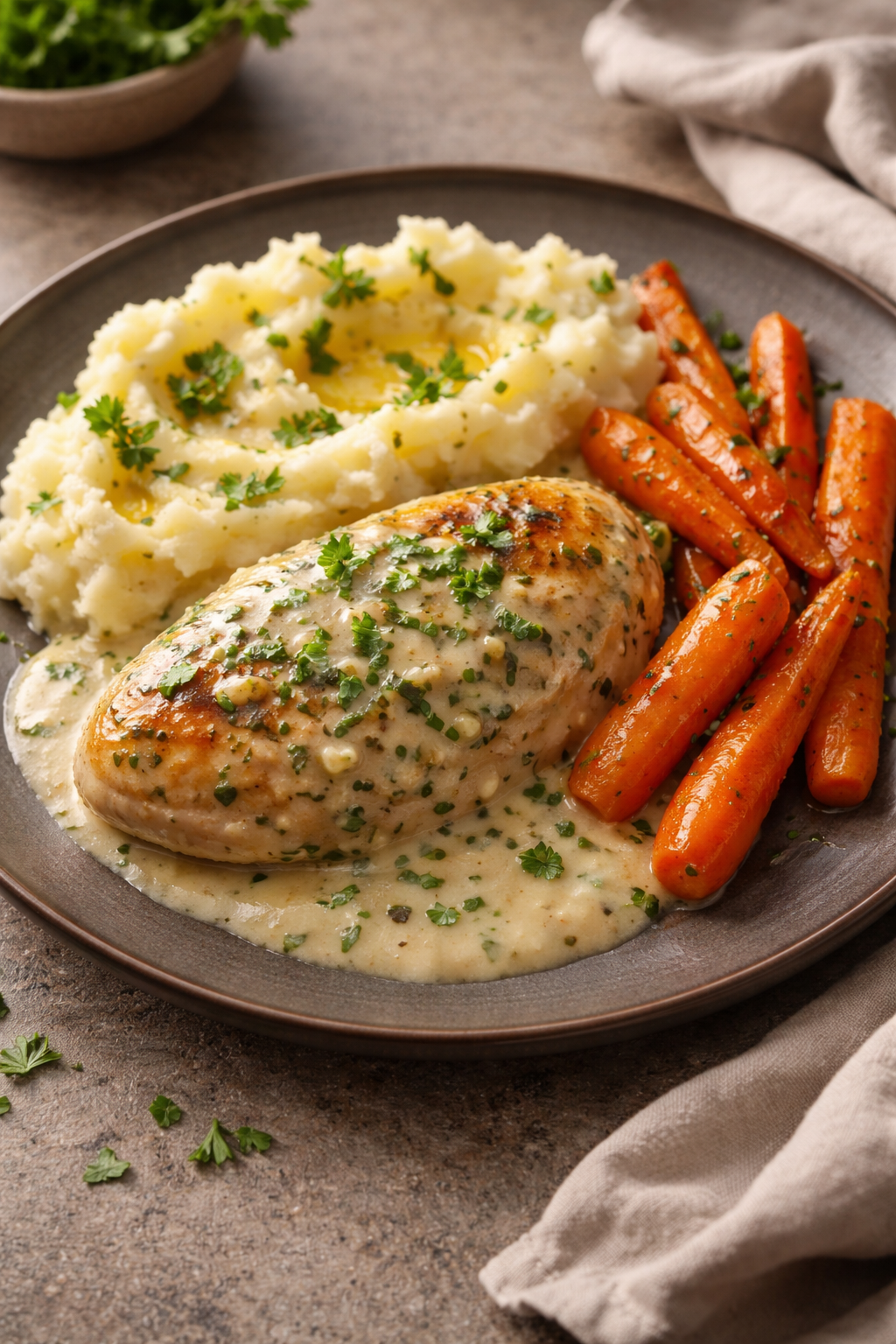 Creamy Herb Chicken with Mashed Potatoes & Glazed Carrots: A Complete Comfort Food Dinner