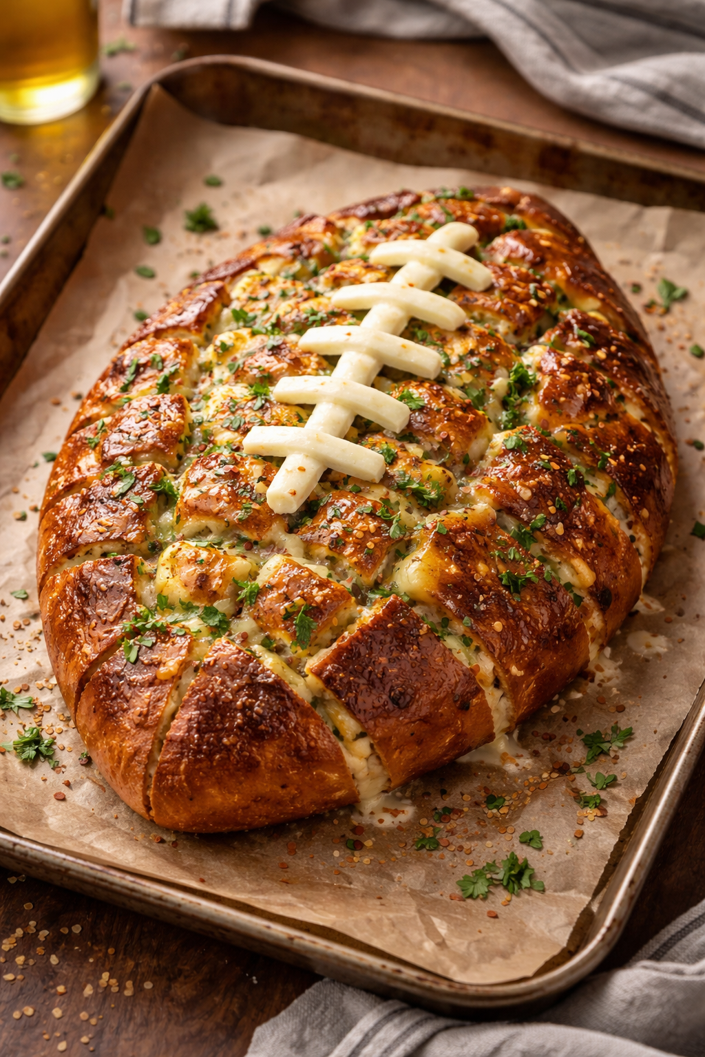 Football Shaped Cheesy Stuffed Garlic Pull Apart Bread