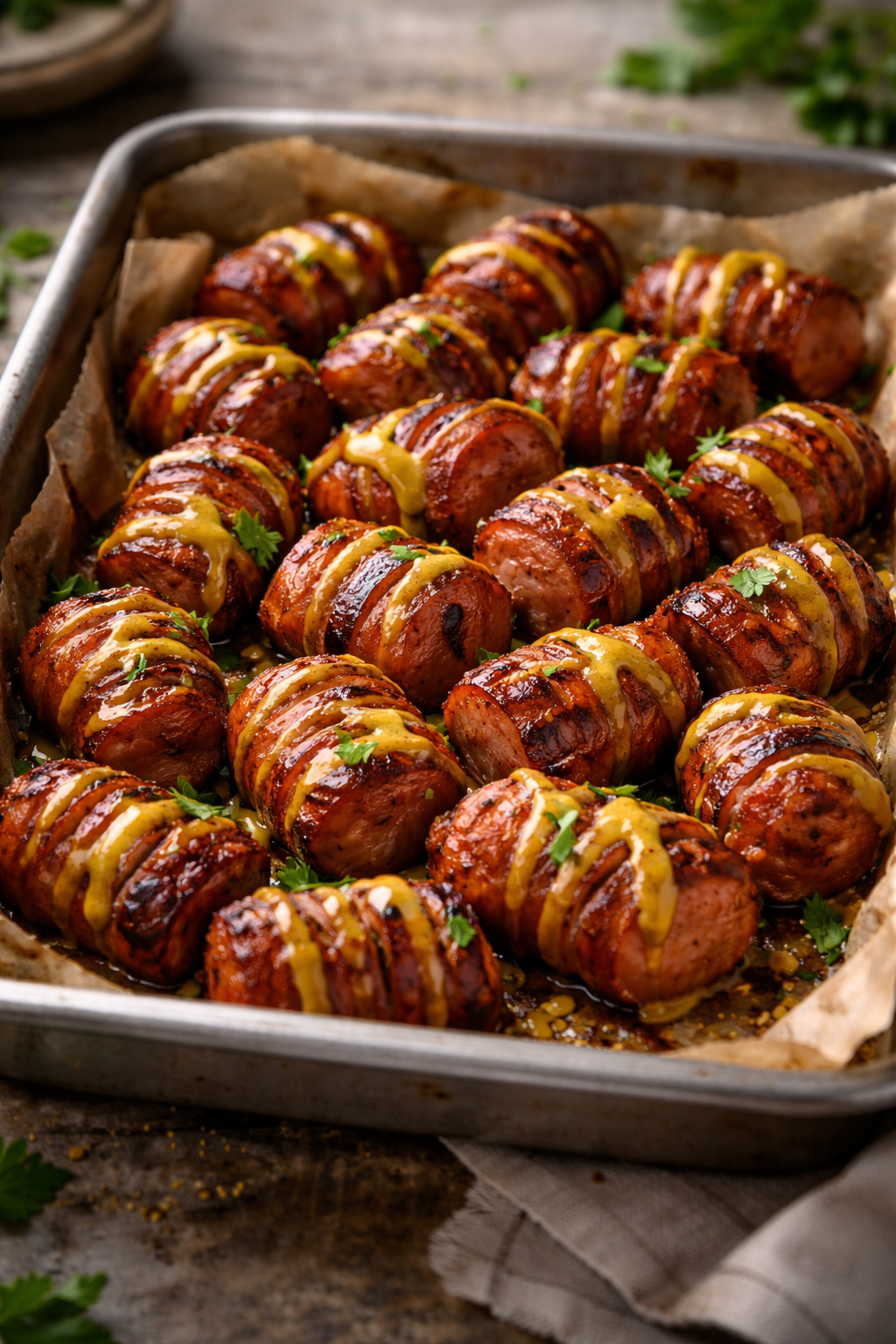Mustard Hasselback Kielbasa Bites