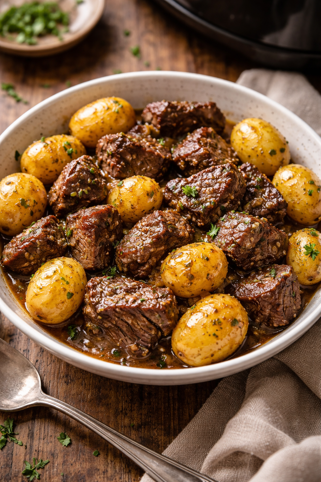 Slow Cooker Garlic Butter Beef Bites with Potatoes