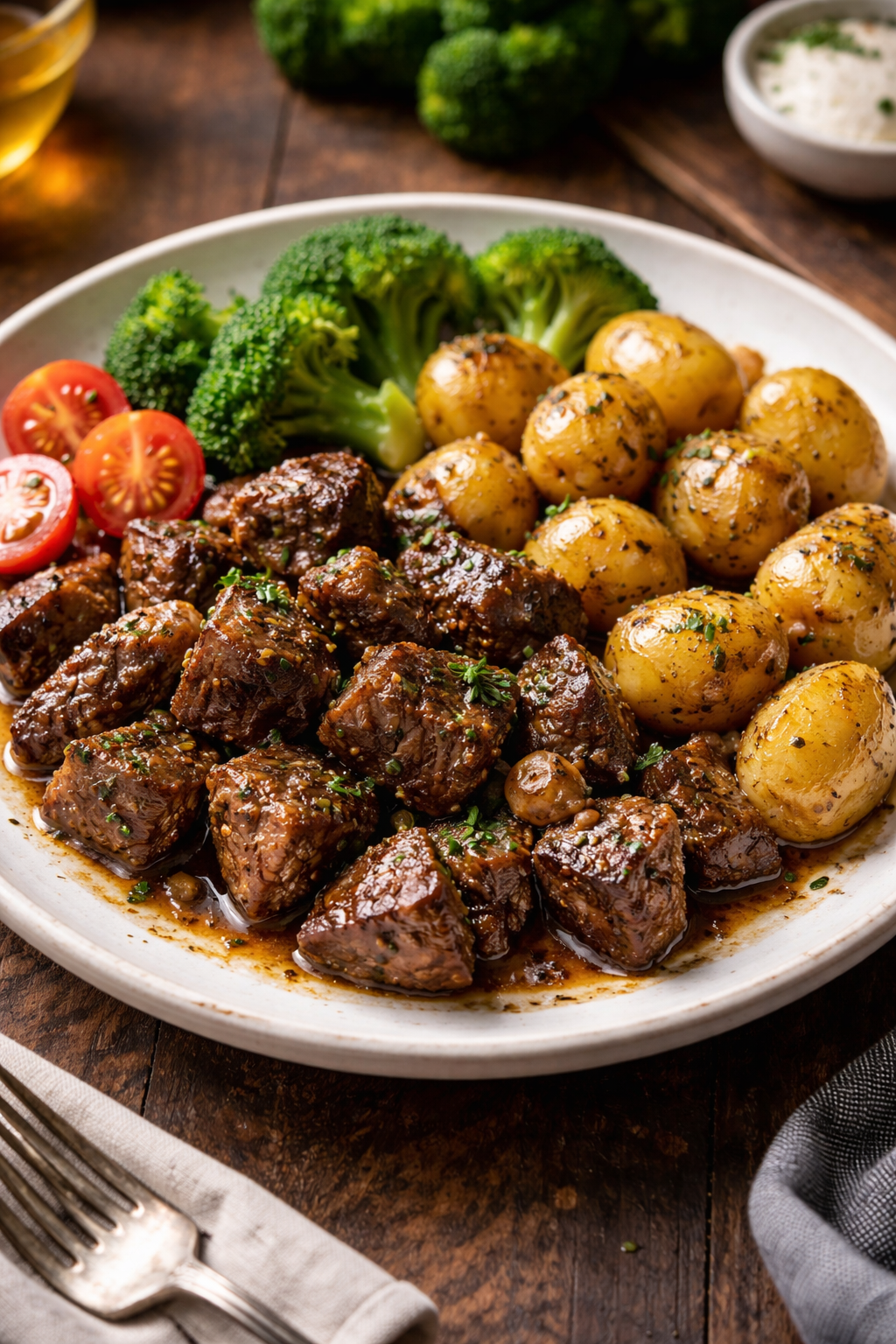 Slow Cooker Garlic Butter Steak Bites & Potatoes