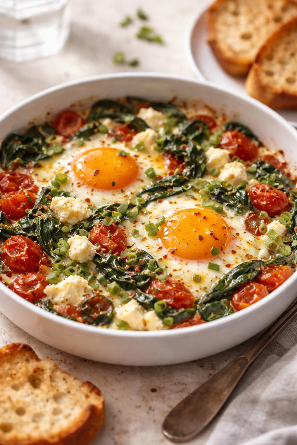 Baked Feta Eggs with Tomatoes and Spinach