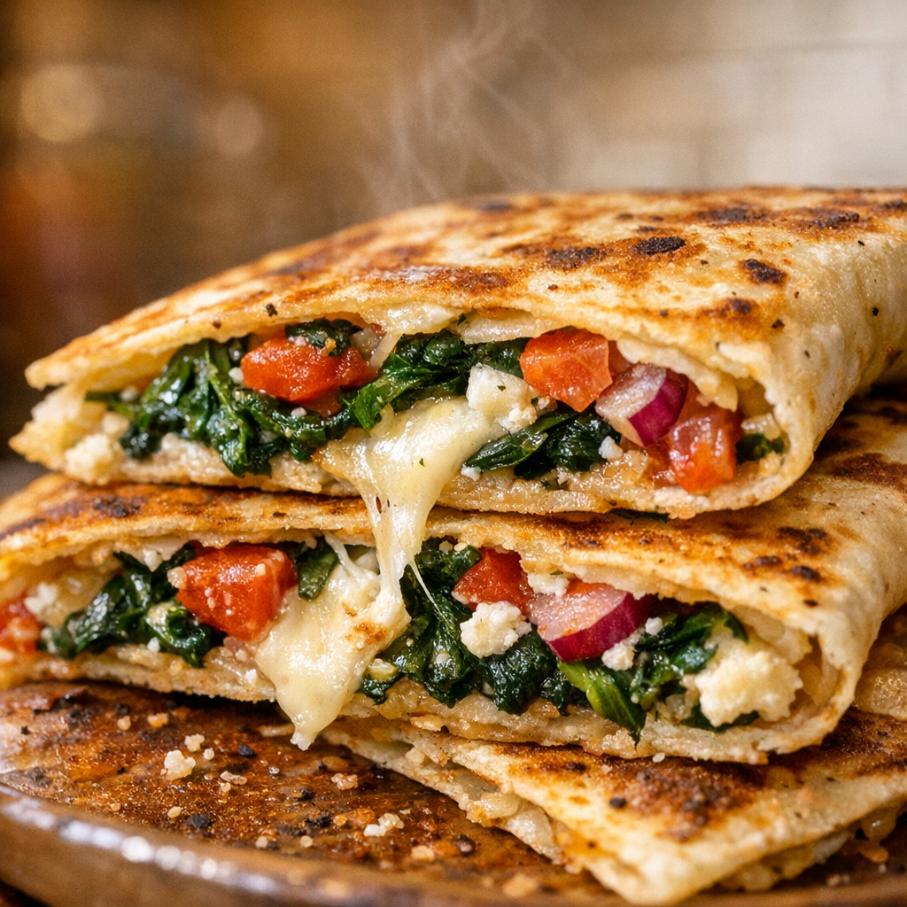 Mediterranean Quesadillas with Spinach, Feta, Mozzarella, and Red Onion