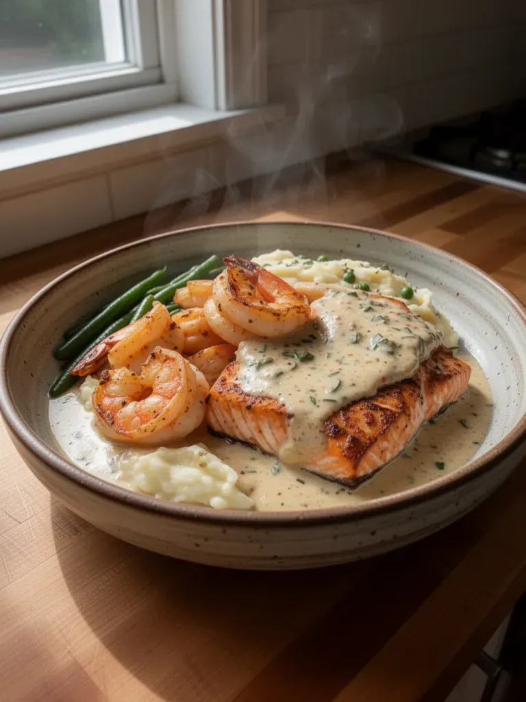 Cajun Shrimp and Salmon with Garlic Cream Sauce