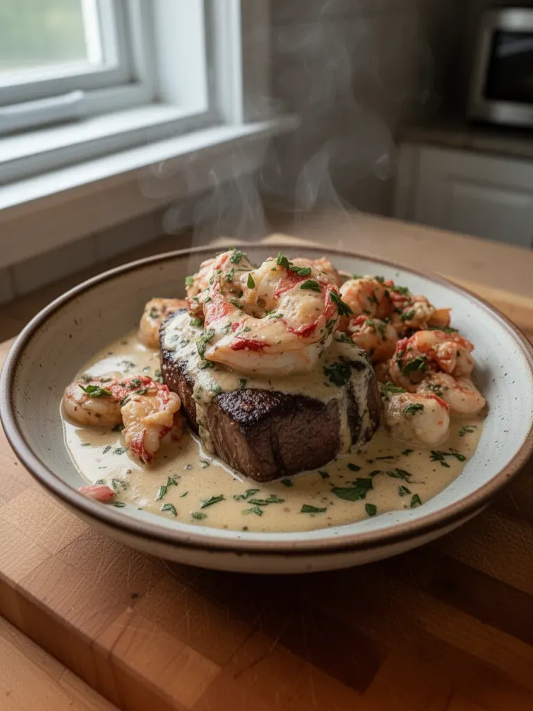 Filet Mignon with Shrimp and Lobster Cream Sauce
