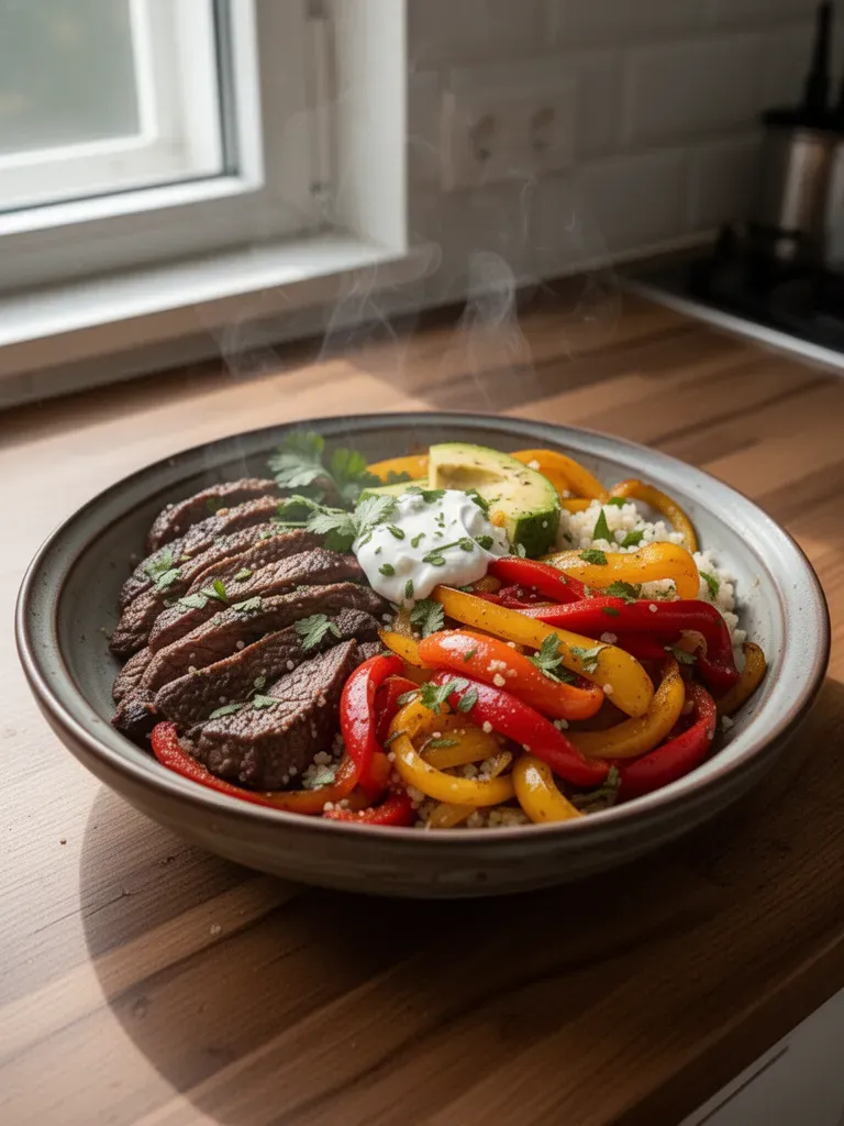 Niski węglowodanowy miskowy posiłek z stekiem fajita