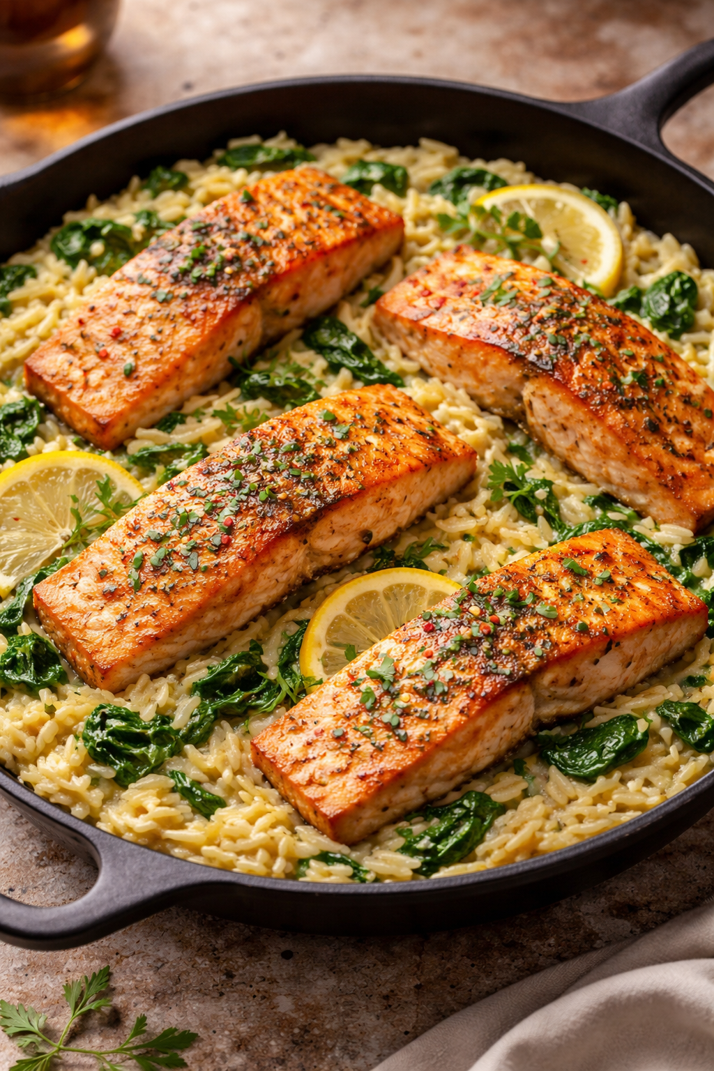 One Skillet Salmon with Lemon Orzo