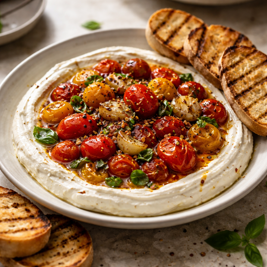 Whipped feta with roasted tomatoes and garlic recipe
