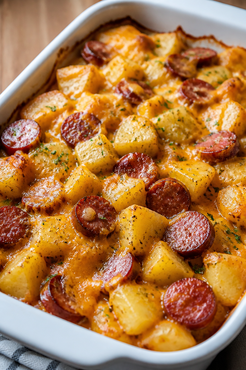 Kielbasa Sausage Cheesy Potato Casserole