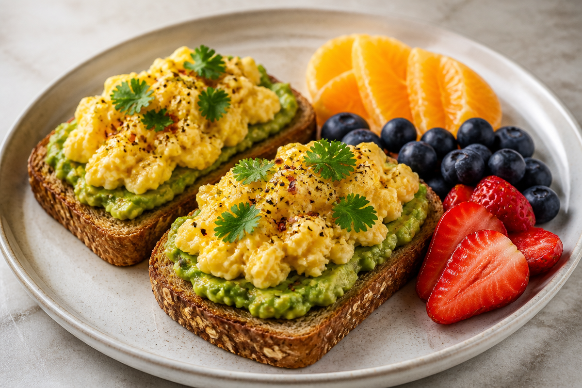 Creamy Avocado Egg Toast and Fresh Fruit