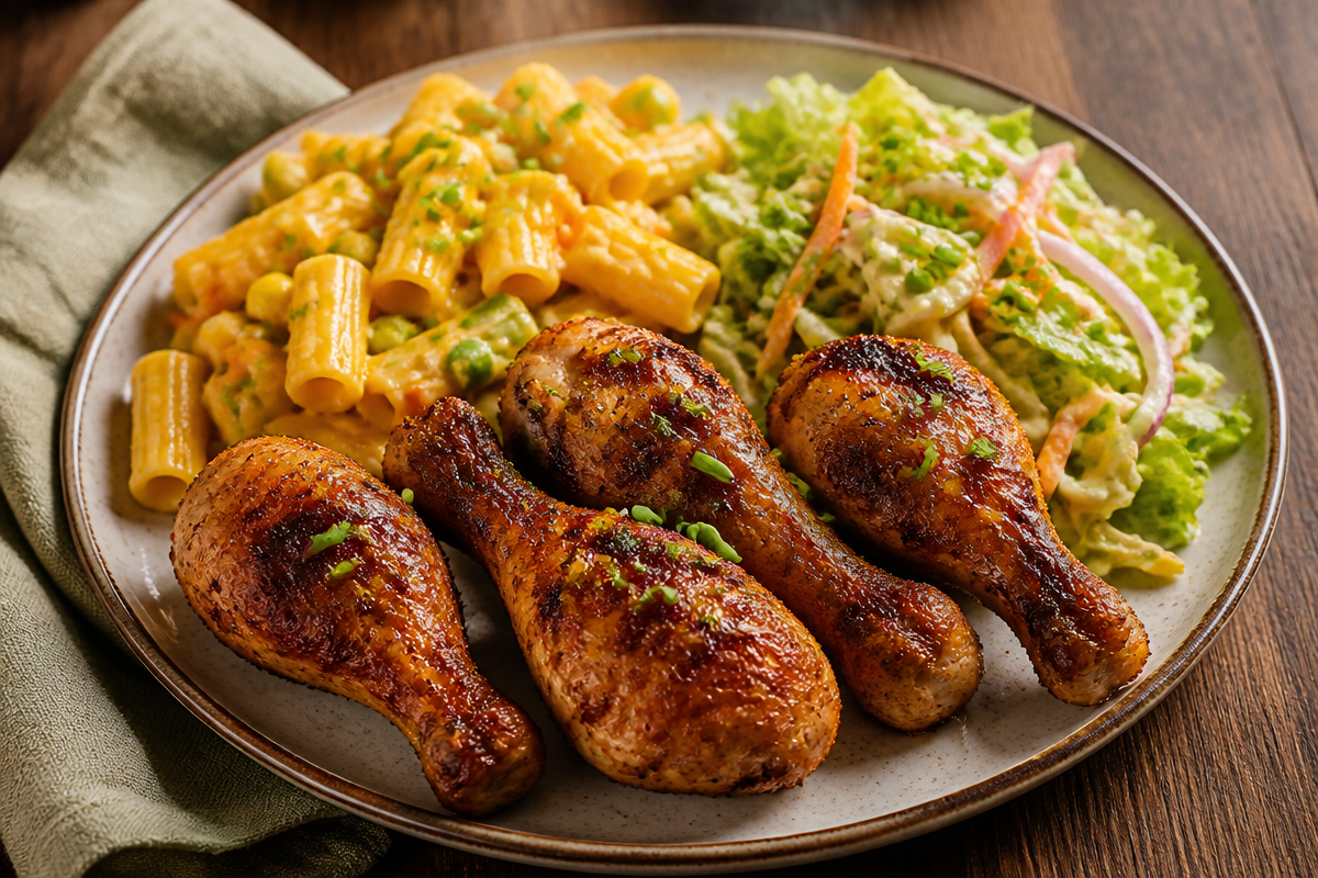 Smoky Chicken Drumsticks With Veggie Pasta And Slaw