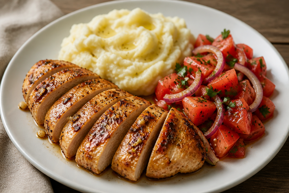 Garlic Chicken With Creamy Mash And Tomato Salad