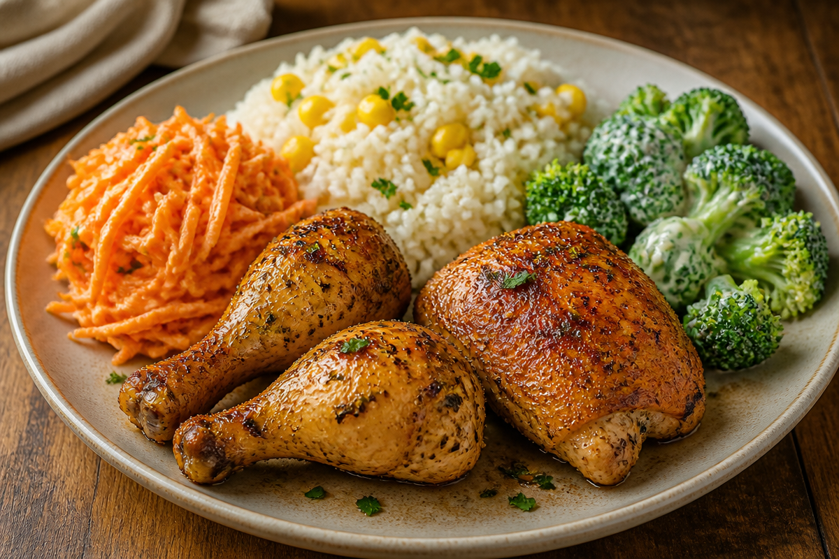 Herb-Roasted Chicken with Corn Rice and Veggies