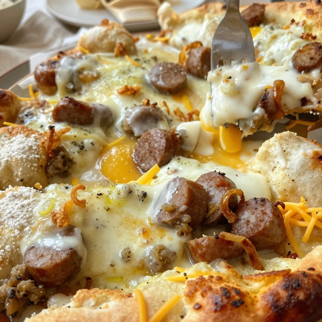 Biscuits and Sausage Gravy Breakfast Pizza