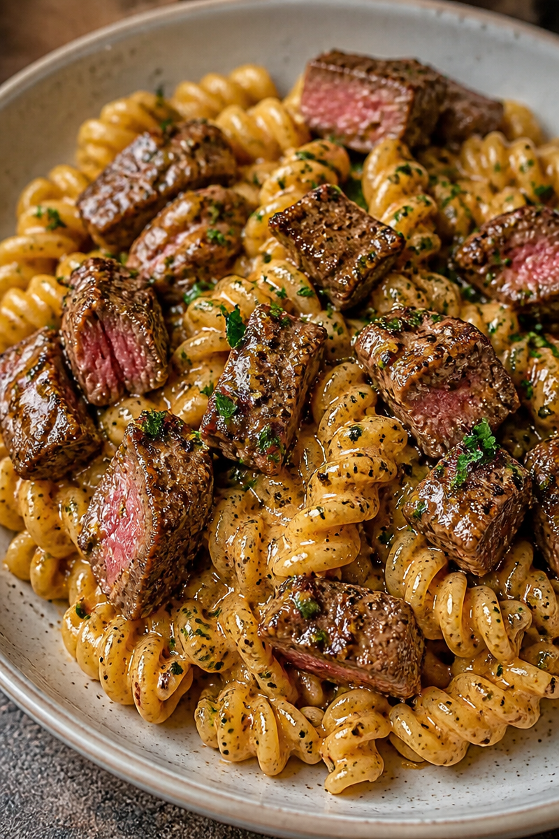 One-Pot Creamy Spicy Garlic Butter Steak & Pasta