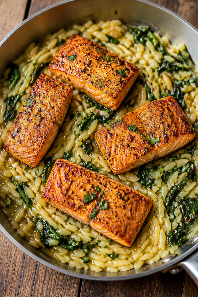 Pan-Seared Salmon with Lemony Orzo