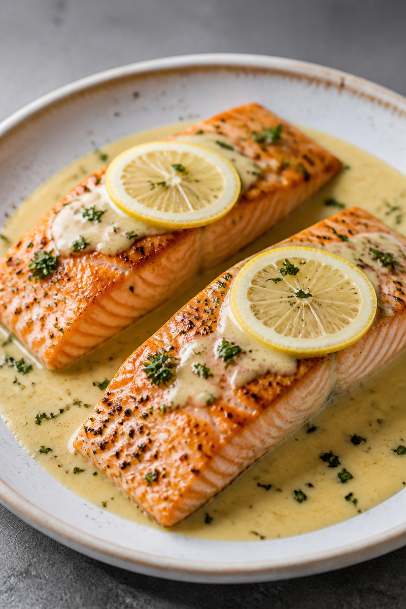 Baked Salmon with Lemon Butter Cream Sauce