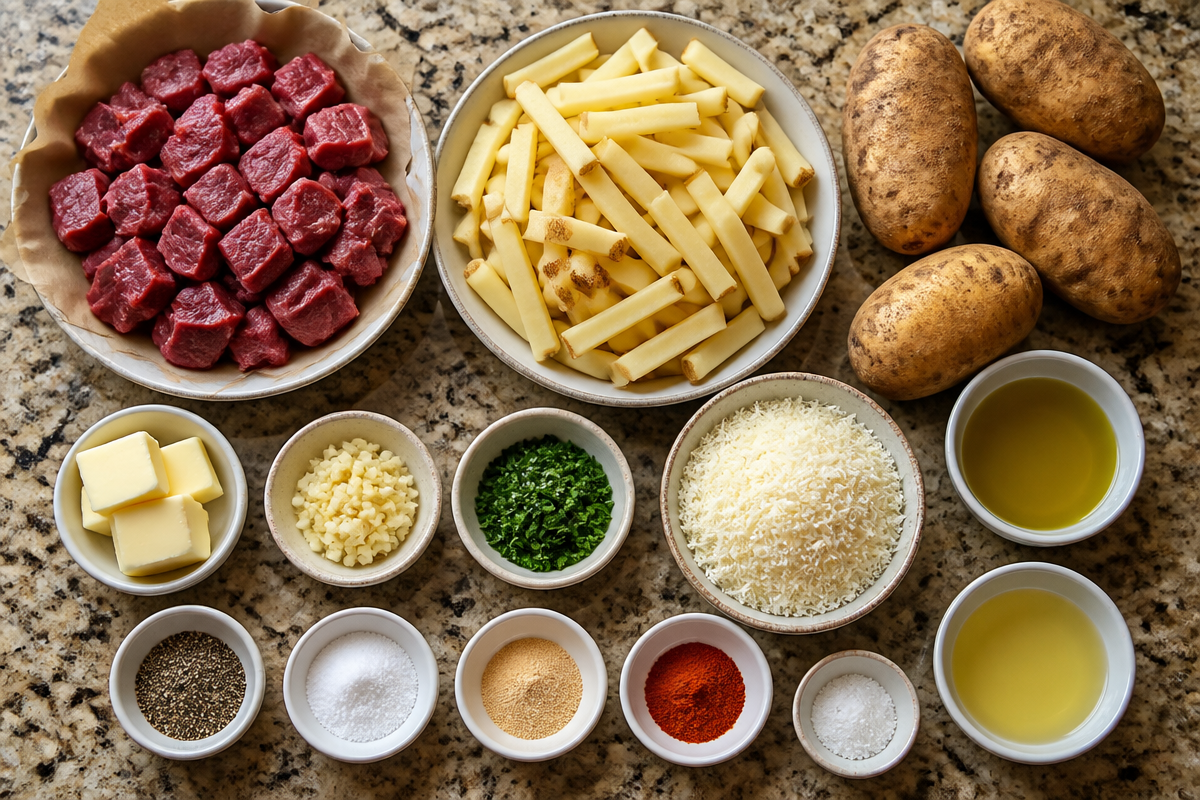 Crispy Parmesan Fries with Garlic Butter Steak Bites