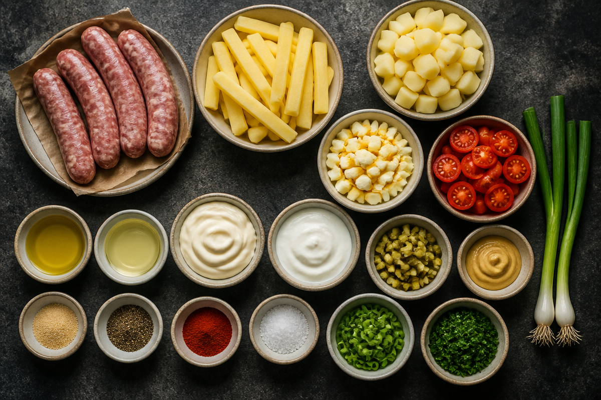Grilled Sausages with Crispy Fries & Creamy Potato Salad