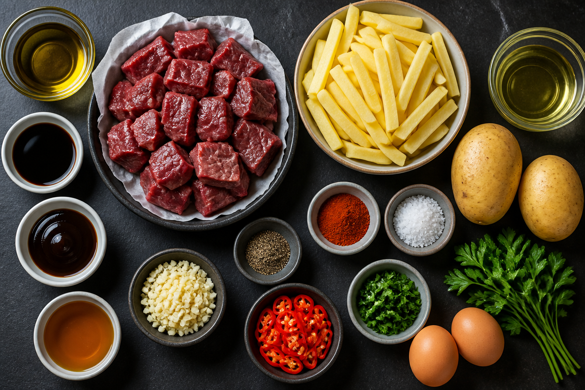 Garlic Chili Beef Bites with Fries & Sunny Eggs