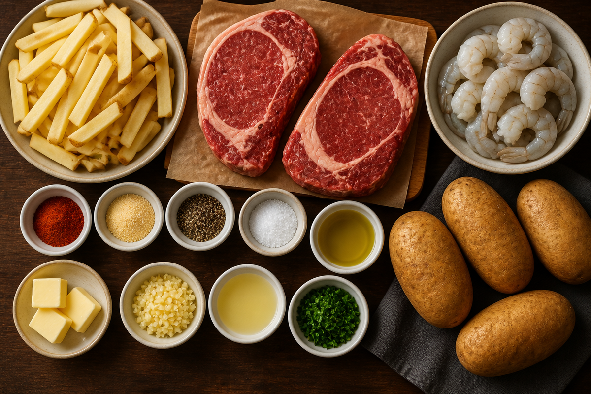 Surf & Turf Steak with Garlic Shrimp & Seasoned Fries