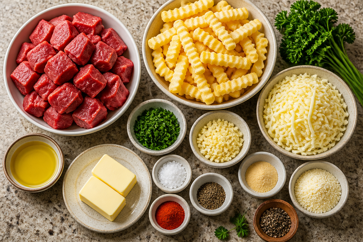 Garlic Butter Steak Bites with Cheesy Loaded Crinkle Fries