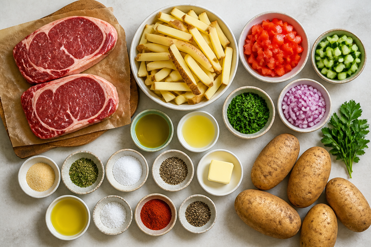Grilled Ribeye Steak with French Fries & Mediterranean Tomato Salad