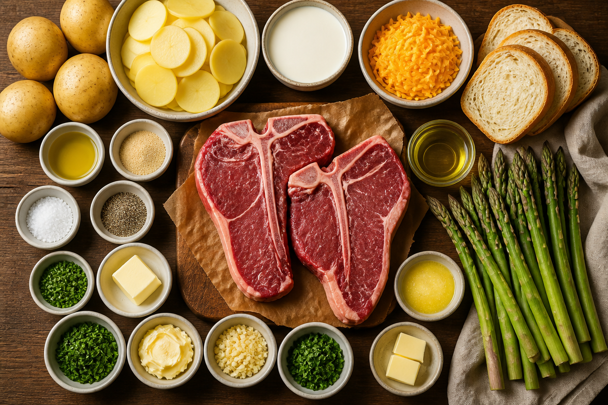 Garlic Butter T-Bone Steak with Scalloped Potatoes & Roasted Asparagus