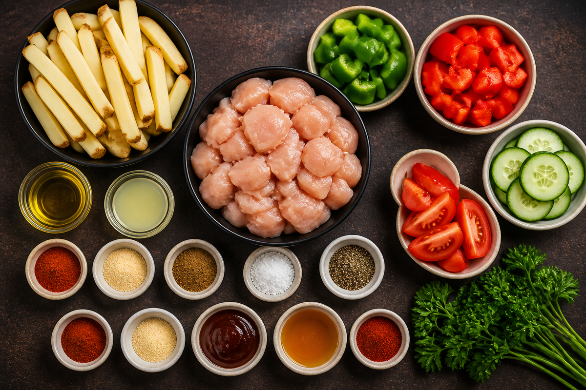 Grilled Chicken Kebabs with Seasoned Fries & BBQ Dipping Sauce