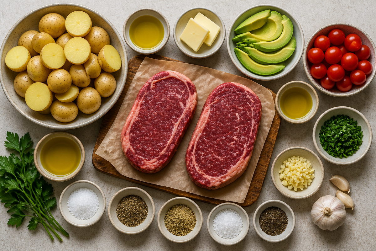 Garlic Butter Steak with Roasted Baby Potatoes, Avocado & Cherry Tomatoes