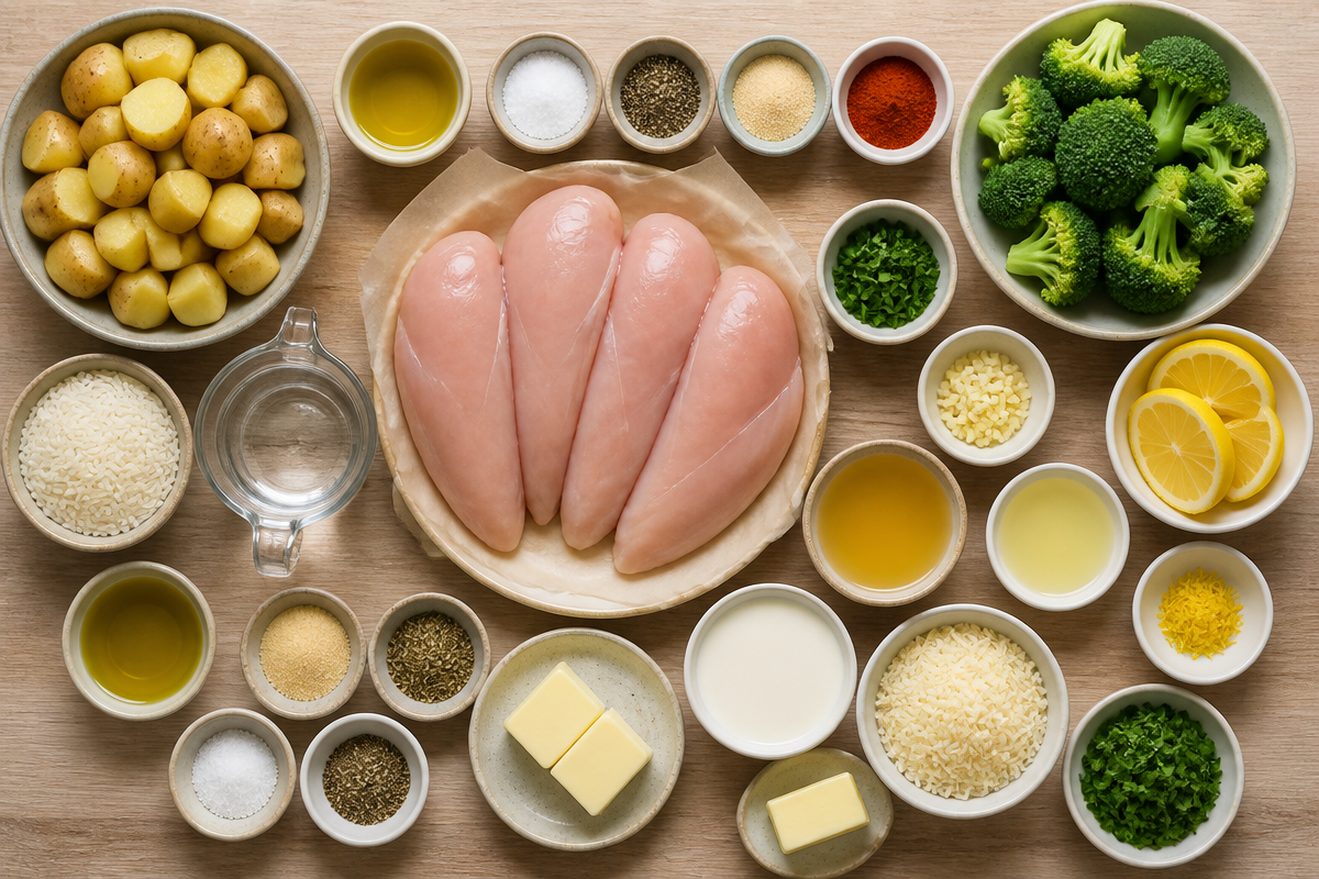 Creamy Lemon Chicken with Rice, Roasted Potatoes & Broccoli