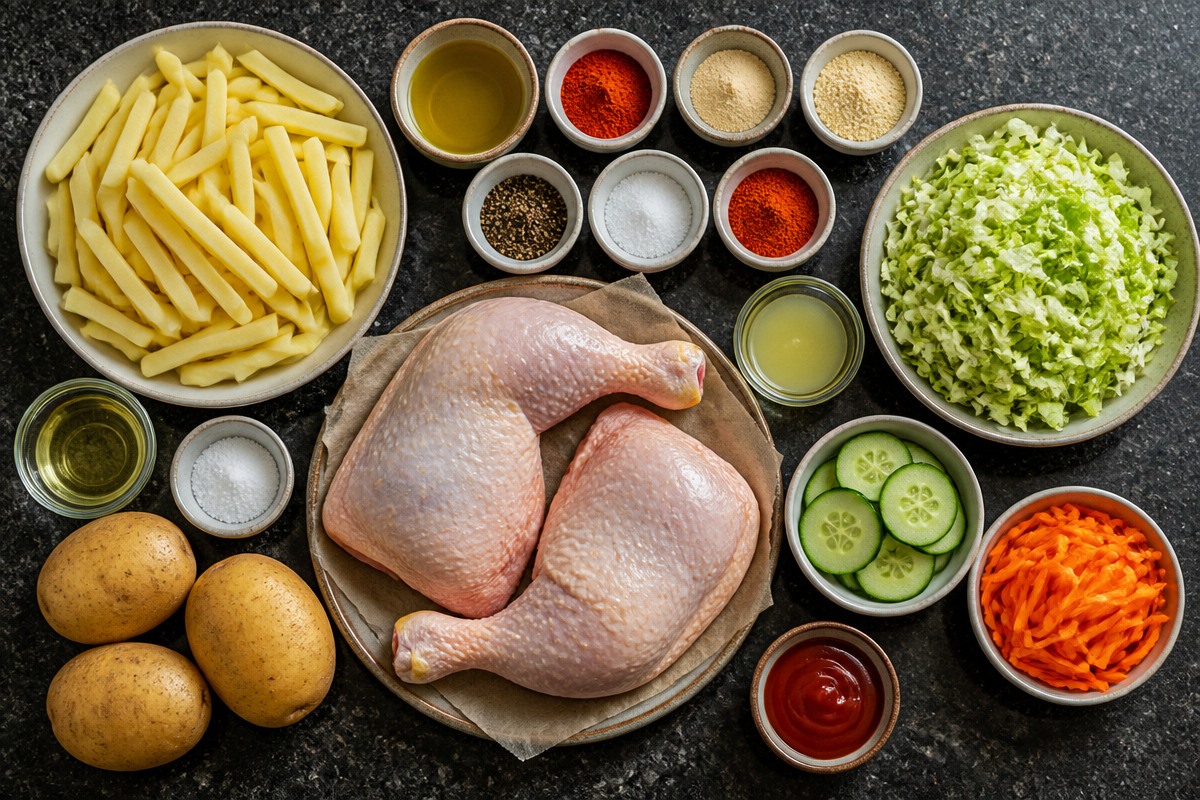 Flame-Grilled Chicken Leg Quarters with Fries & Salad