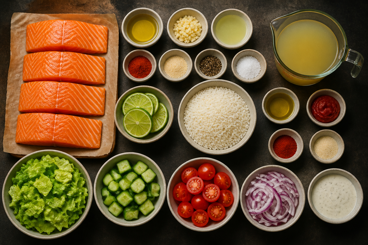 Citrusy Lime Salmon with Spanish Rice and Garden Salad