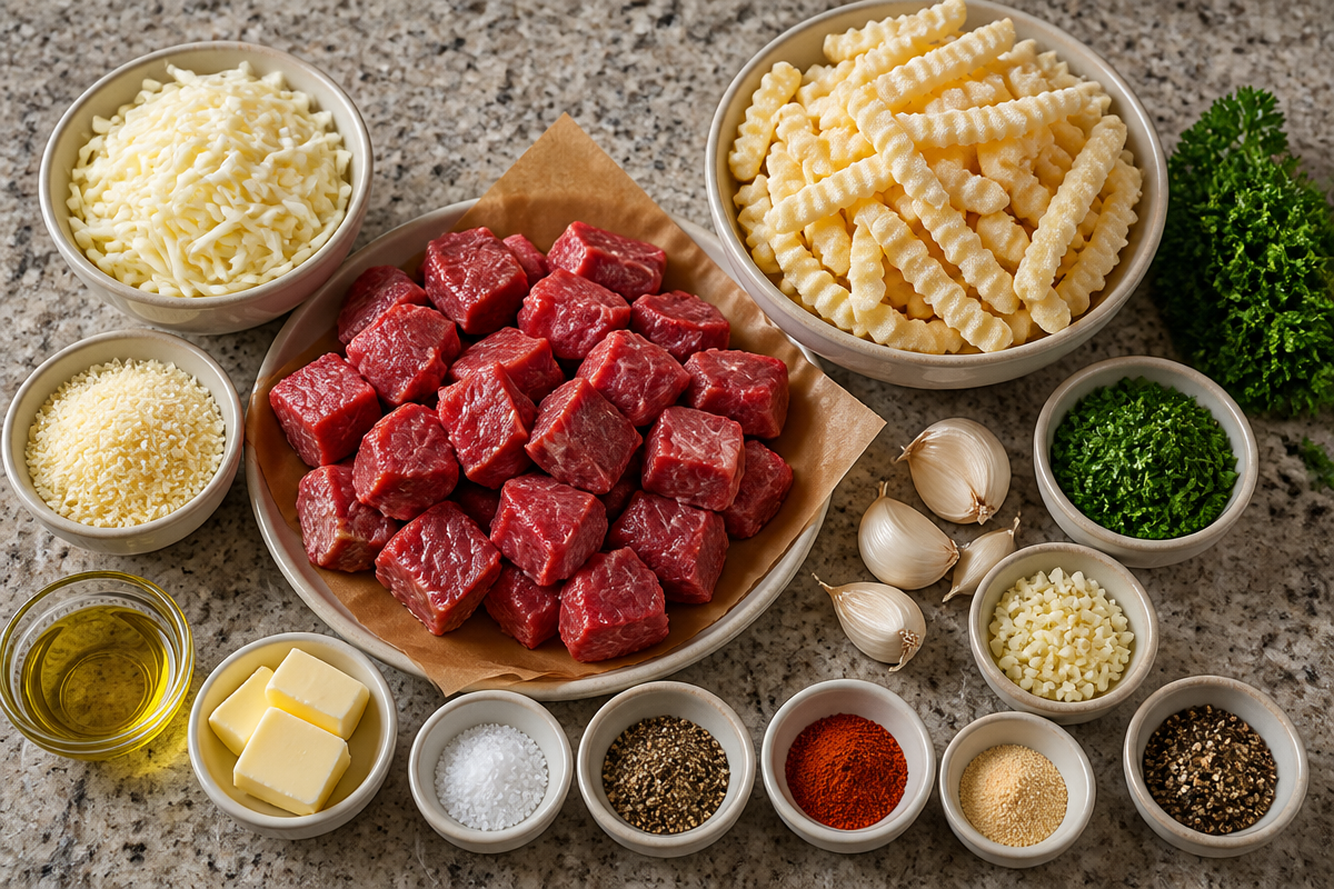 Garlic Butter Steak Bites with Cheesy Loaded Crinkle Fries