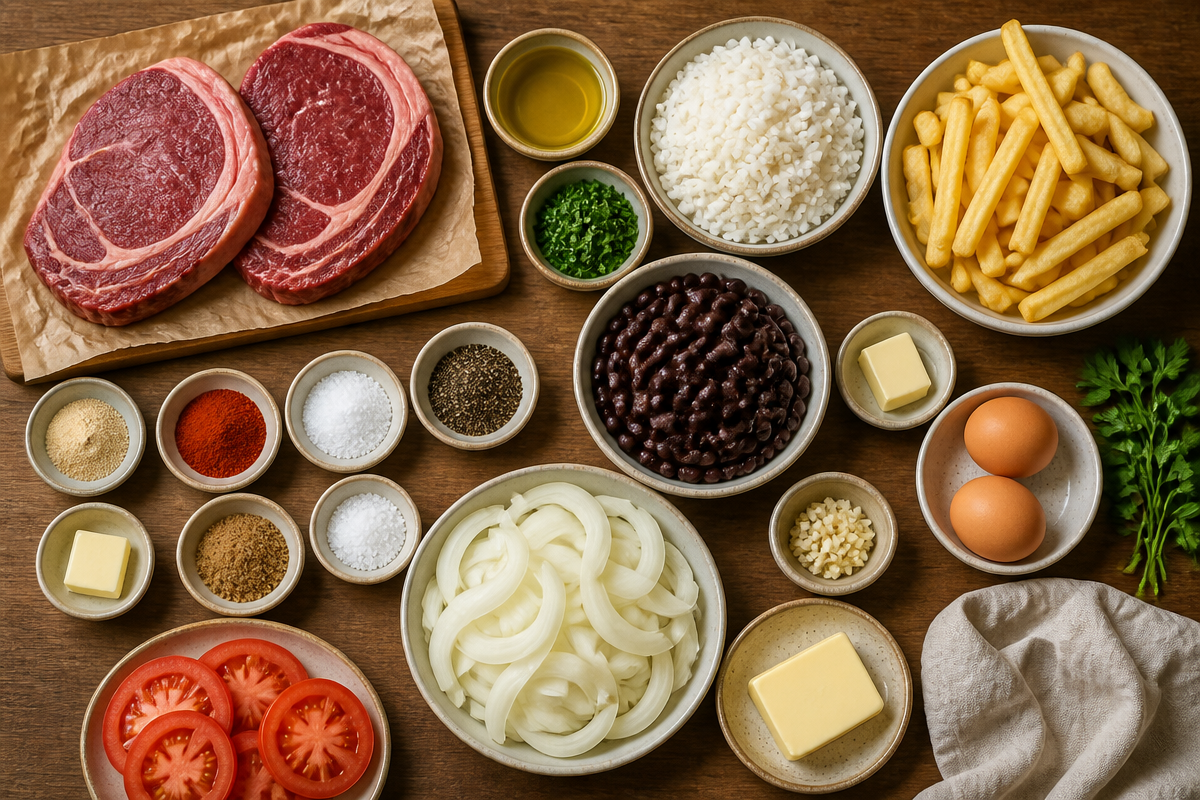 Steak with Caramelized Onions, Rice, Beans & Fries