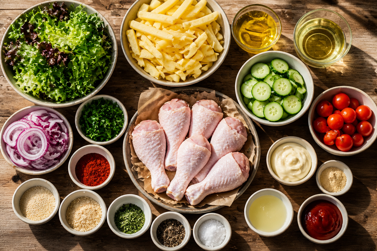 Crispy Grilled Chicken Drumsticks With Fries And Salad
