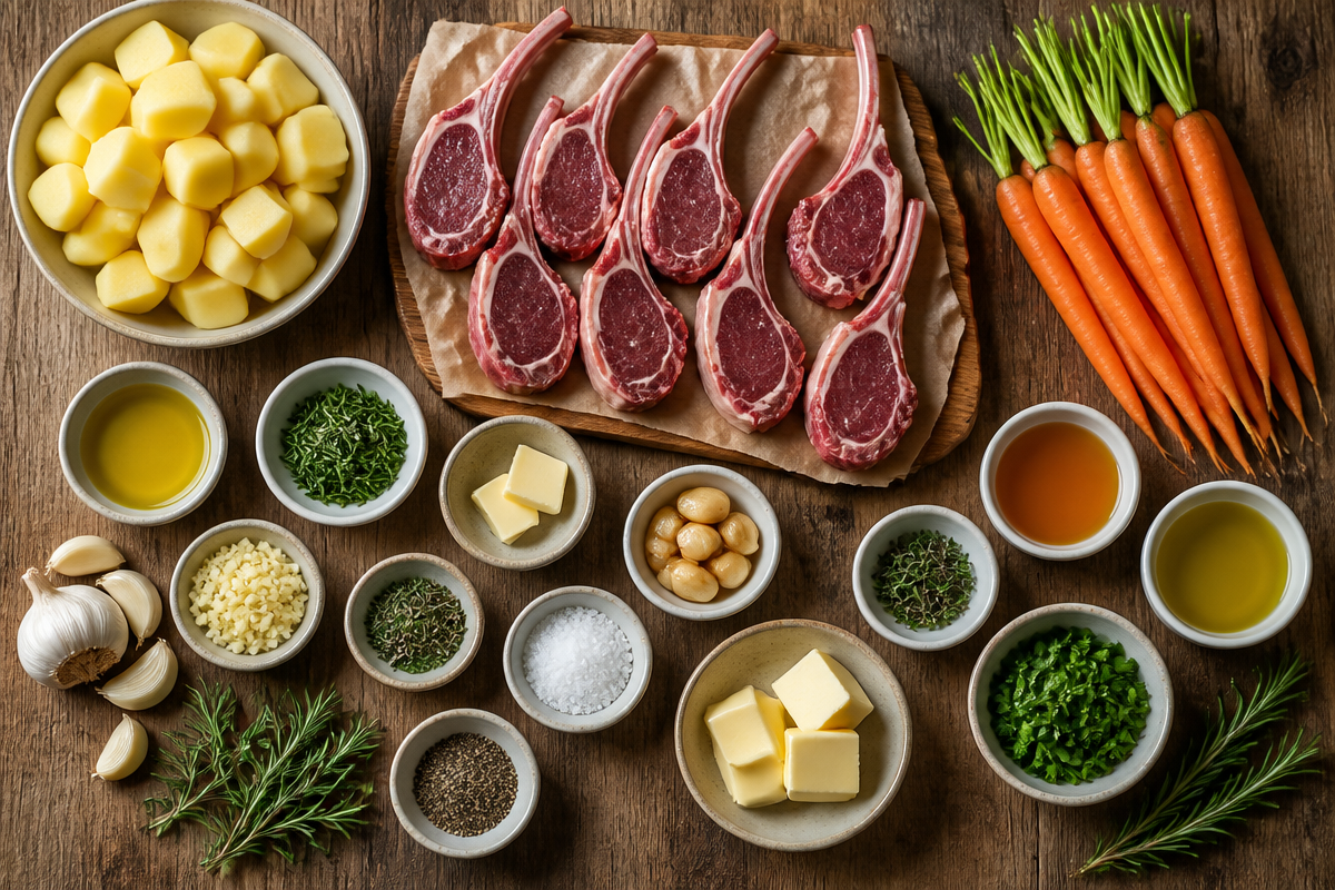 Garlic Rosemary Lamb Chops with Creamy Mashed Potatoes & Honey Roasted Carrots
