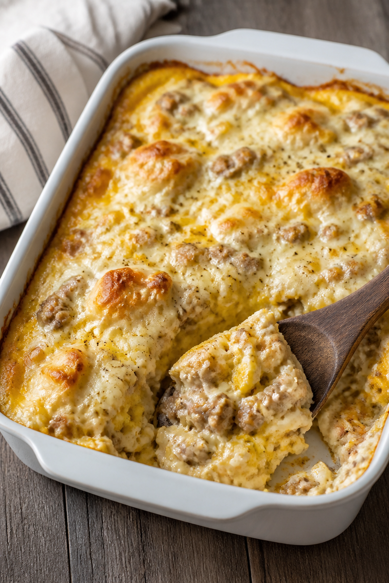 Biscuits and Gravy with Eggs and Sausage Breakfast Casserole