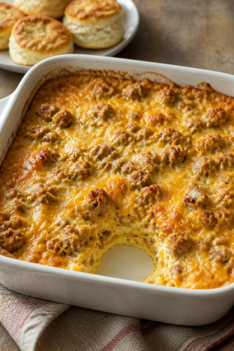 Sausage, Egg and Cheese Breakfast Casserole with Biscuits