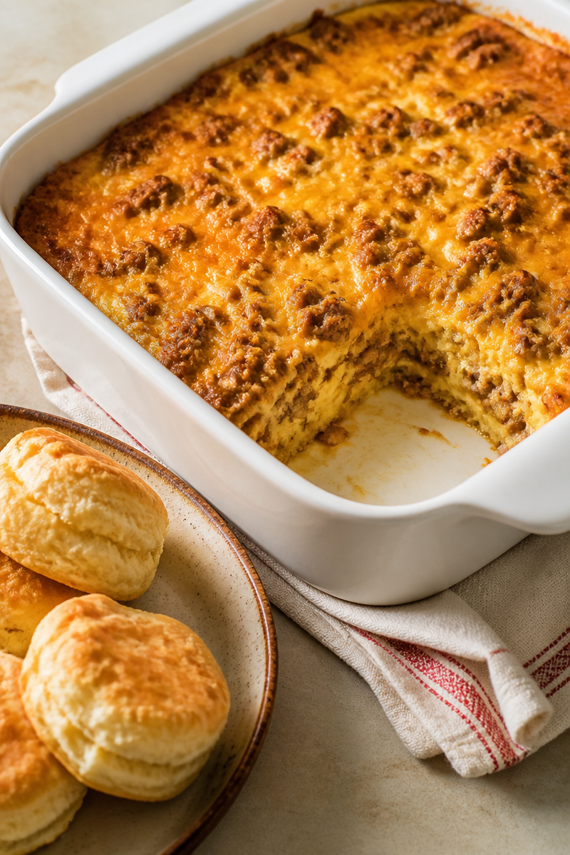 Sausage, Egg and Cheese Breakfast Casserole with Biscuits