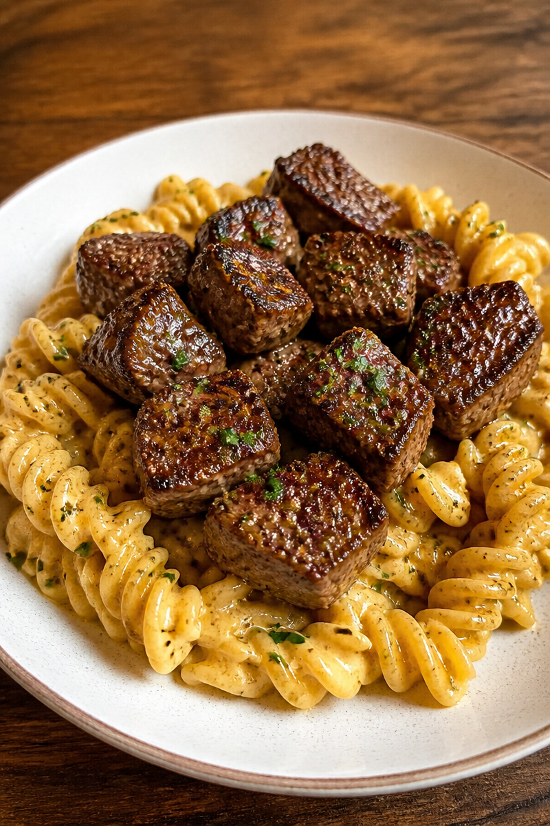 Creamy Garlic Butter Steak Bites with Spicy Cajun Alfredo Twisted Pasta