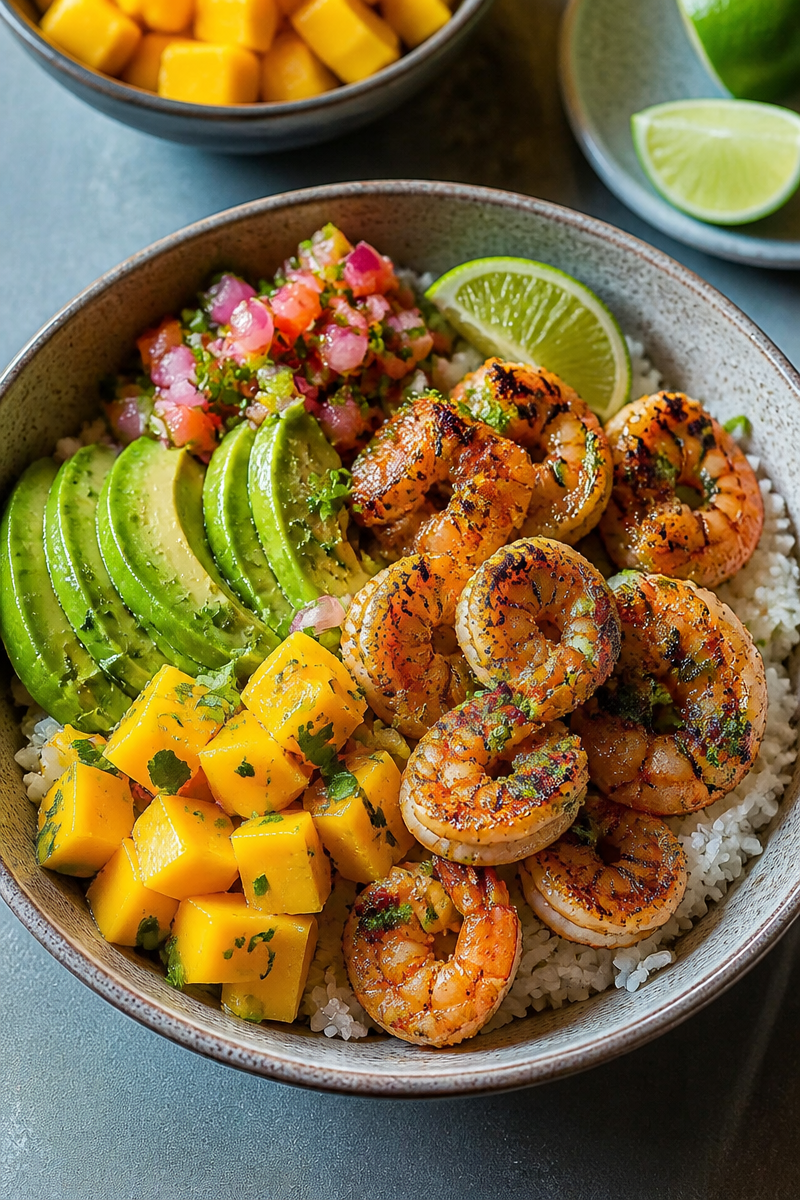 Shrimp and Avocado Bowls with Mango Salsa and Lime Chili Sauce