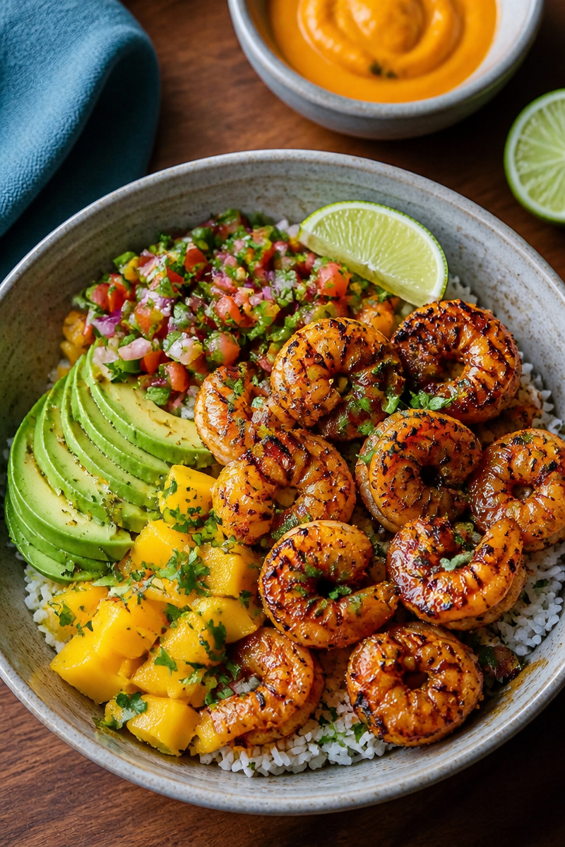 Shrimp and Avocado Bowls with Mango Salsa and Lime Chili Sauce