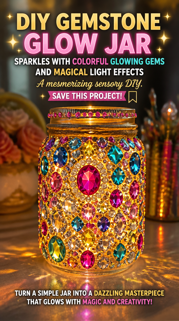 DIY gemstone glow jar sparkles with colorful glowing gems and magical light effects ✨ A mesmerizing sensory DIY. Save this project!