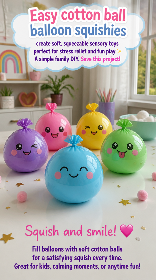 Easy cotton ball balloon squishies create soft, squeezable sensory toys perfect for stress relief and fun play ✨ A simple family DIY. Save this project!