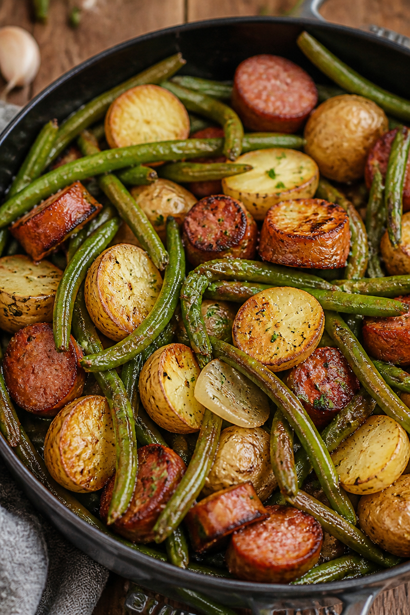 One Pan Sausage, Green Beans, and Potatoes