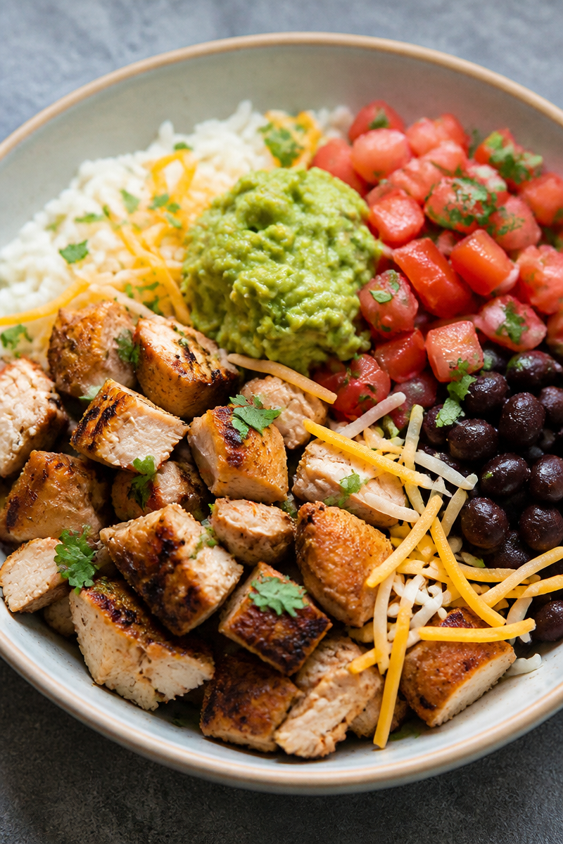 Grilled Chicken Burrito Bowl with Rice and Beans