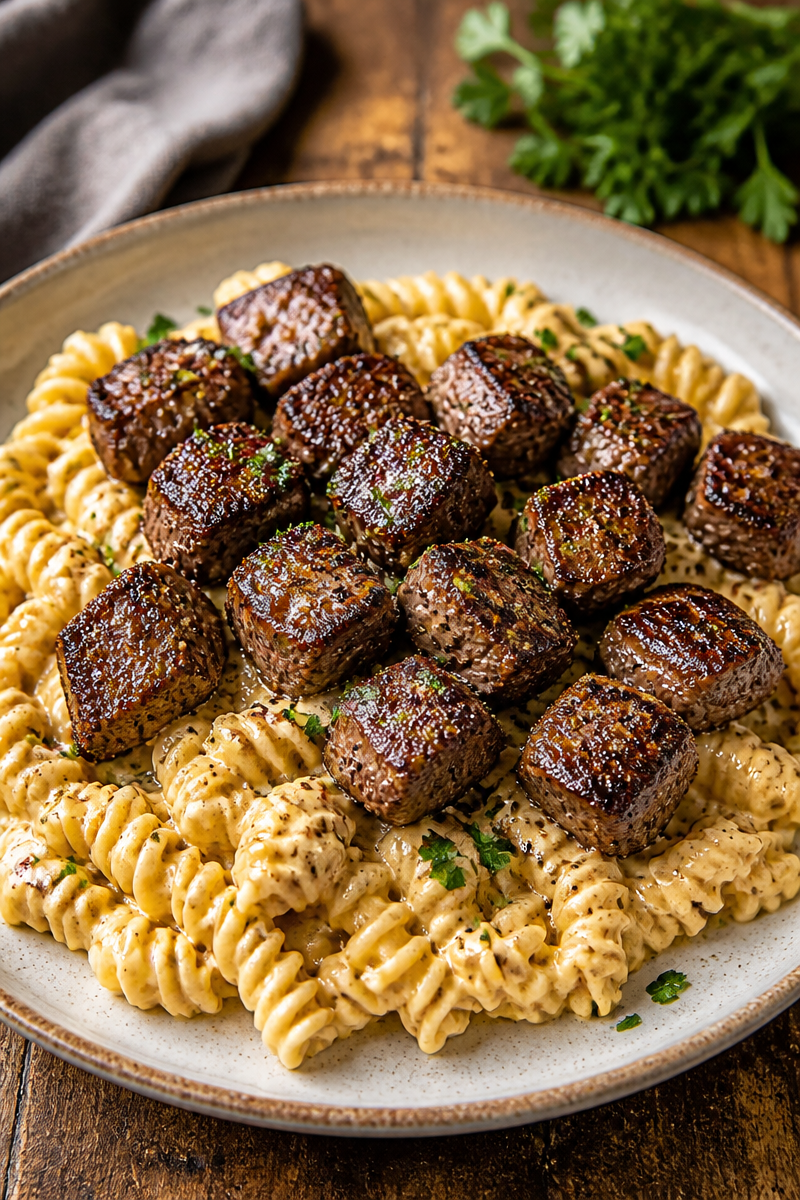 Creamy Garlic Butter Steak Bites with Spicy Cajun Alfredo Twisted Pasta