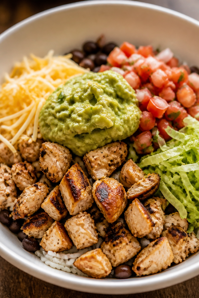 Grilled Chicken Burrito Bowl with Rice and Beans